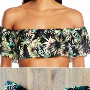 Lucky Brand Bandeau Coastal Palms Off-The-Shoulder Bikini Swim Top Medium